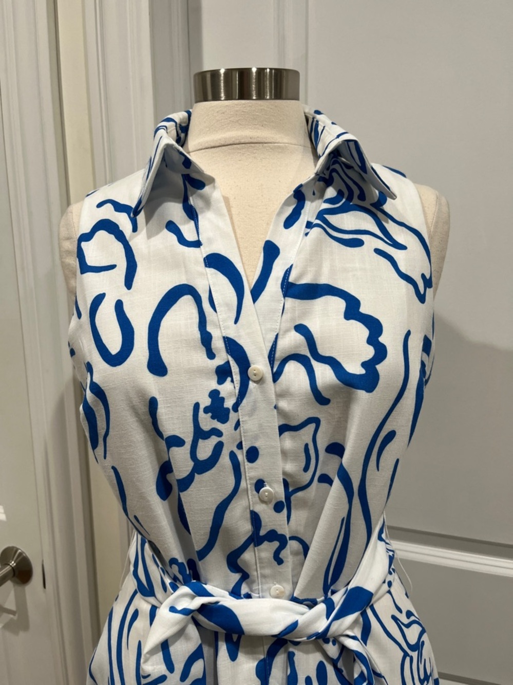Ador Curve Pocket Sleeveless Shirt Maxi Dress White Blue Floral Size M - Picture 3 of 16